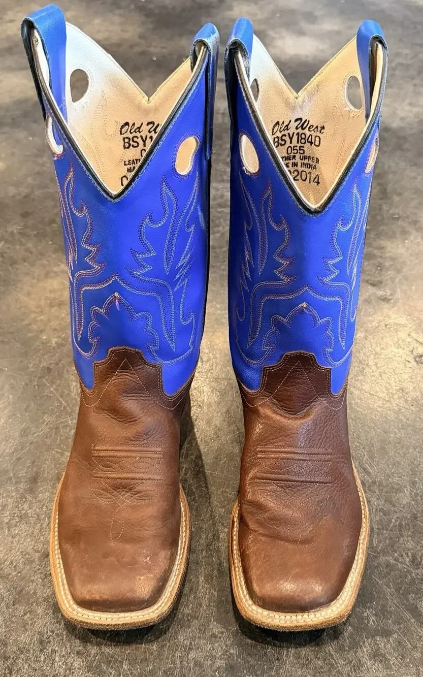 Boys Old West BSY1840 5.5 Brown Leather Square Toe Boots Western Cowboy Blue